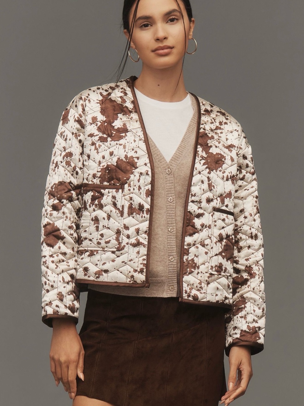 New! Maeve Anthropologie Open Front Cow Print Cream and Brown Quilted Jacket OS - Picture 1 of 14